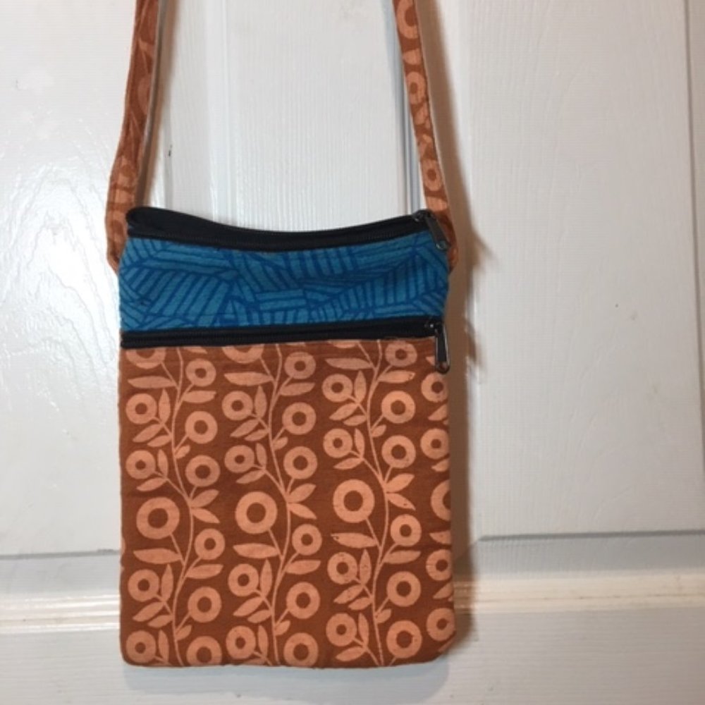 Rising Tide Boho Orange Blue Cotton Cross Body Shoulder Bag 7.5"x10"
